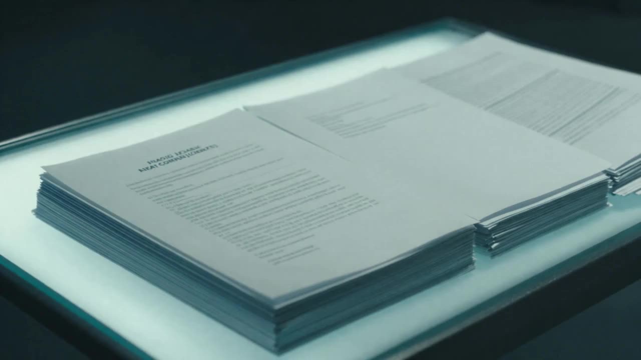 Abstract compliance document light table, generative still for Andrew Hillman